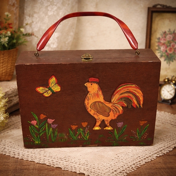 Vintage Handbags - OOAK Vintage 70s Wooden Rooster and Butterfly Purse Enid Collins Style Hippie